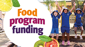 3 kids jumping with text: 'Food program funding'